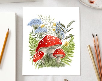 Cottagecore Mushroom Art Print. Woodland Painting. Gift for Plant Lover. Red Mushrooms. Ferns. Botanical Wall Art. Gift for Friend