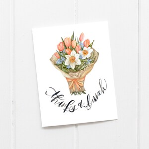 Bouquet Carte de remerciement / Merci un tas / Cadeau / Boho peint à la main / Calligraphie moderne / Rose / Pêche / Tulipes / Jonquilles