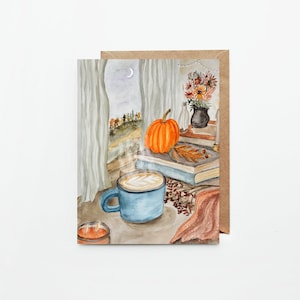 Carte de voeux d’automne / Scène de fenêtre d’automne confortable / Carte de Thanksgiving / Café / Carte blanche avec enveloppe / Citrouilles / Halloween / Book Lover