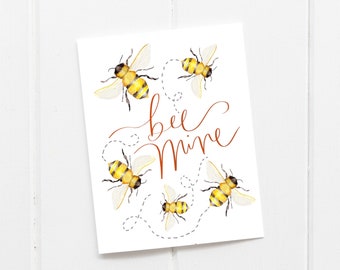 Valentine Card / Bee Mine / Hand Painted / bees / Valentine's Day Card / Yellow Valentine / Boyfriend / Husband / Friend