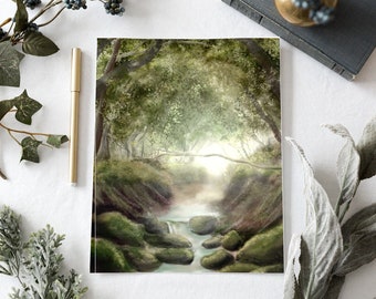 Woodland Watercolor Print / Cozy Forest Hand Painted Scene / Reading Nook / Whimsical Botanical / Cottagecore / Book Lover Gift