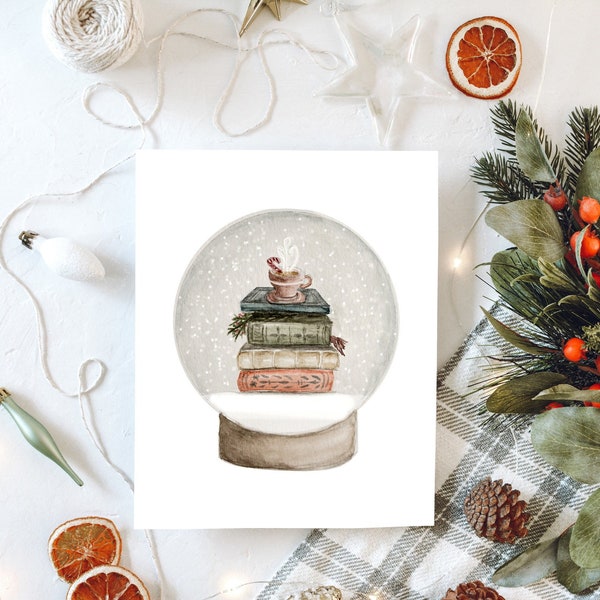 Book Lover Gift / Festive Snowglobe Print / Christmas Book Stack Art / Holiday Book Art / Gifts for Readers / Minimalist Christmas Decor