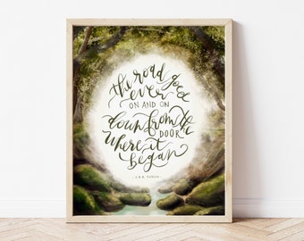 Woodland Literary Print / The Road Goes Ever On // 8 x 10 / Reading Nook / J.R.R. Tolkien / Botanical / Book Art / Book Lover Gift