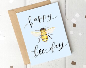 Carte Happy Bee Day : anniversaire fantaisiste d'abeilles peintes à la main