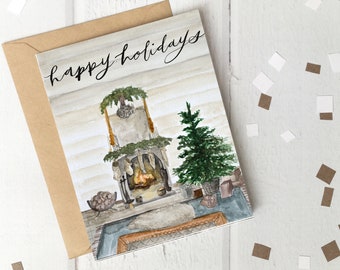Happy Holidays Card / Mantle Holiday Decor / Hand Painted Art / Fireplace Painting / Book Lover Gift / Cozy Christmas / Minimalist Holiday