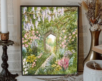 Puede incluir: Una pintura al agua enmarcada de un camino de jardín que conduce a un arco de piedra cubierto de glicinias. El camino está bordeado de flores rosas y blancas, y el fondo es un exuberante bosque verde.