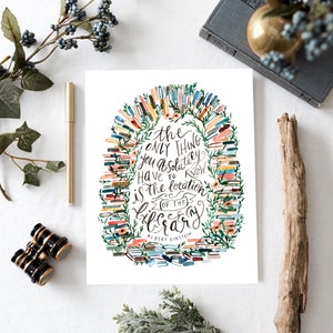 May include: A watercolour illustration of a quote by Albert Einstein about the importance of libraries. The quote reads: "The only thing you absolutely have to know is the location of the library." The illustration features a circle of books with flowers and greenery.
