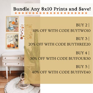 May include: A graphic showing a sale on 8x10 prints. The graphic features a light brown background with white text. The text reads "Bundle Any 8x10 Prints and Save!" and lists discounts for buying 2, 3, 4, or 5 prints. The discounts are 10%, 20%, 30%, and 40% off, respectively. The text also includes the discount codes to use for each purchase amount.