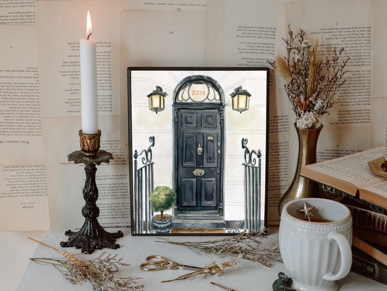 May include: A watercolor painting of a black door with a brass door knocker and the number 221B above it. The door is framed by a white building with two lanterns on either side.