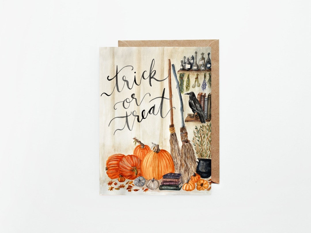 Trick or Treat Halloween Card: Spooky Raven & Pumpkins - Etsy