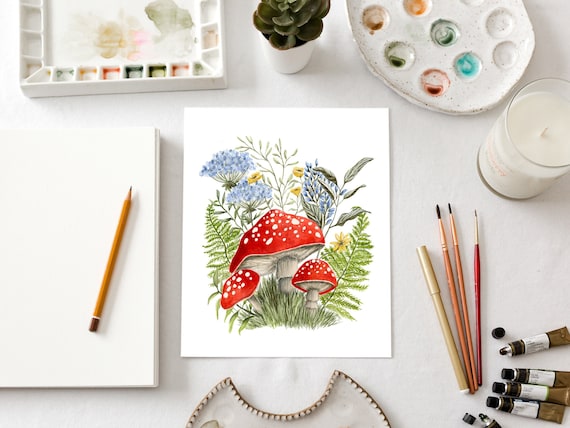Cottagecore Mushroom Art Print: Red Toadstools, Botanical Ferns. Homeware. Wall Decor. Library Nook Art