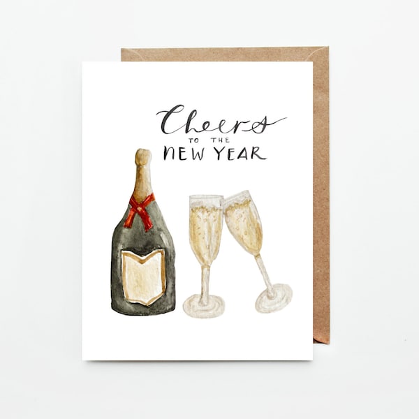 New Year Card / Cheers To The New Year / Hand Painted Art / Champagne Painting / Book Lover Gift / Card for Friend / Minimalist Holiday