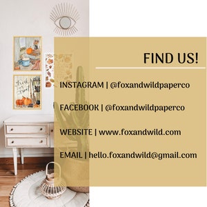 May include: A digital illustration of a fall-themed scene with pumpkins, leaves, and a book. The illustration is framed and hanging on a wall. The text "FIND US!" is displayed in a large font with contact information for social media, website, and email.