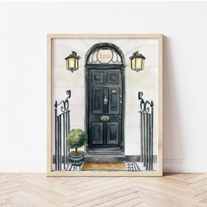 May include: A watercolor painting of a black door with a brass door knocker and a brass number plate that reads "221B". The door is framed by a white wall and two black lanterns with light bulbs. There is a small potted plant in front of the door.
