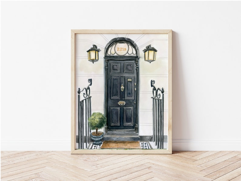 May include: A watercolor painting of a black door with a brass door knocker and a brass number plate that reads "221B". The door is framed by a white wall and two black lanterns with light bulbs. There is a small potted plant in front of the door.
