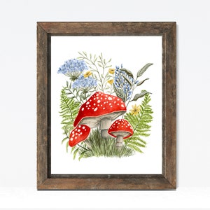 May include: A watercolor painting of red and white mushrooms with white spots, surrounded by green ferns and blue and yellow flowers.