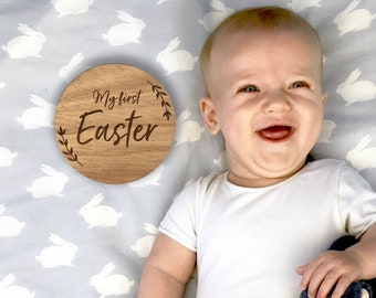 Personalised My First Easter Milestone Disc – wooden engraved  - Wooden 1st Easter Plaque - Wooden Birth Name Plaque - Easter Photo prop