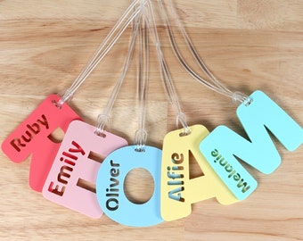 Personalised alphabet bag tag, letter kids name, Large Premium luggage tag, laser cut pastel acrylic, bag tag preschool school bag