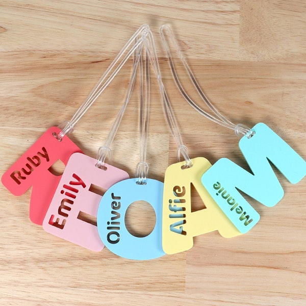 Personalised alphabet bag tag, letter kids name, Large Premium luggage tag, laser cut pastel acrylic, bag tag preschool school bag