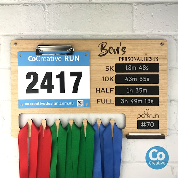 Running Medal Display Holder - running medal hanger, running medal display rack and Race Bib. Write up your own PB, gifts for runners