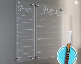 Weekly Fridge Acrylic Planner - WHITE Print ORIGINAL Design - Acrylic Whiteboard Calendar - Family Organiser - Shopping List Combo