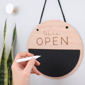 Open Closed Double Sided Wooden Business Sign - Reusable Chalk Section - Custom Logo Sign - Personalised Business Sign 25cm | 9.84&quot;