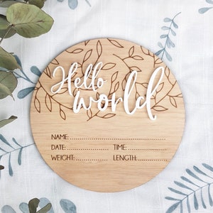 Hello World Plaque with Leaf Detail - Baby Name and Birth Details Announcement - Baby Photo Prop - Family Photo - Baby Announcement