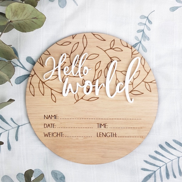 BIRTH ANNOUNCEMENT card - leaf detail and 3D Hello World plaque - name announcement - baby birth disc - New Baby Gift