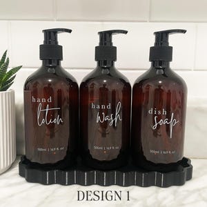 3 Piece AMBER Kitchen Bottle Set - Dish Soap, Hand Wash, Hand Lotion - 500mL Pump Bottle Dispensers - Kitchen Tidy - Kitchen Organisation