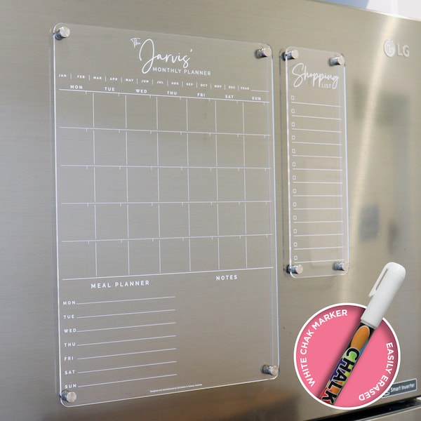 PORTRAIT Monthly Magnetic Fridge Acrylic Planner A3 - WHITE UV print original design - acrylic whiteboard calendar - meal planner