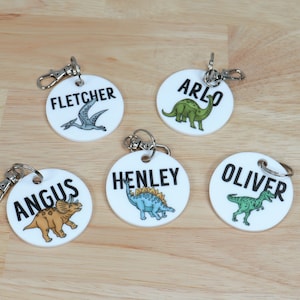 Personalised Kids Name Bag Tags - Colourful Dinosaur Theme Keyring Bag Tags | Custom Name Bag Tags for School, Preschool, Daycare, Kindy