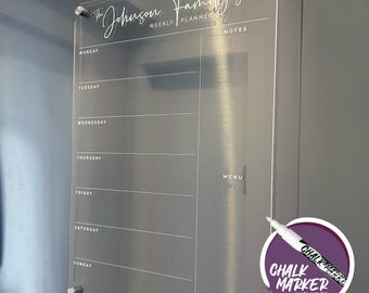 PORTRAIT A3 Fridge Acrylic Weekly Planner - WHITE UV Print - Clear Acrylic Whiteboard Calendar - Organiser with Meal Planner & List Section