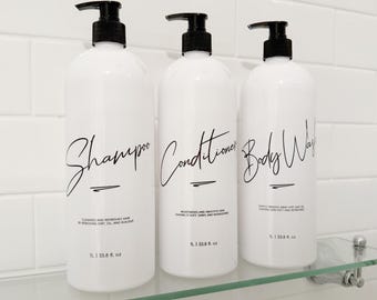 3 Piece 1 LITRE WHITE Bathroom Bottle Set | DESIGN 1 | Shampoo, Conditioner & Body Wash