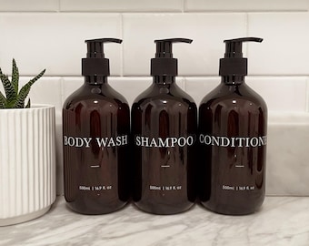 Ensemble de 3 bouteilles de salle de bain AMBER DESIGN 2 - Gel douche, shampoing, après-shampoing - Flacon pompe 500 ml