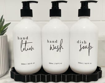 3 Piece WHITE Kitchen Bottle Set - Dish Soap, Hand Wash, Hand Lotion - Choose From 4 Elegant Designs - 500mL Pump Bottle Dispensers
