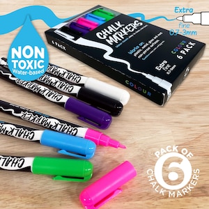 Chalk Markers 6 Colours | White Black Pink Blue Green Purple | Magnetic Fridge Pen Clip