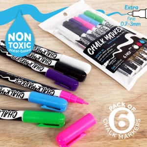 Chalk Markers 6 Colour Pack - Extra Fine Non-Toxic Liquid Chalk Markers - White Black Pink Blue Green Purple Pen - Magnetic Fridge Pen Clip