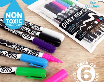 Chalk Markers 6 Colour Pack - Extra Fine Non-Toxic Liquid Chalk Markers - White Black Pink Blue Green Purple Pen - Magnetic Fridge Pen Clip