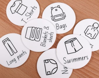 Personalised Clothing Labels with Icons | Monochrome Premium Acrylic Discs for Wardrobe Organisation