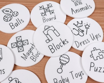 Personalised Toy Storage Labels with Illustrations  - Ikea Trofast Acrylic UV Printed Labels -  Labels for Toy Box Storage MONOCHROME