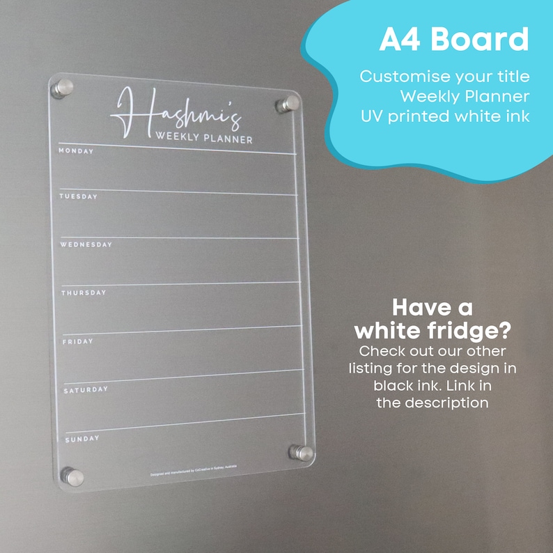 Weekly Fridge Acrylic Planner WHITE print ORIGINAL design acrylic whiteboard calendar family organiser combo A4 Board