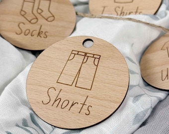 Custom Wooden Engraved Clothing Labels with Icons | Wardrobe, Closet & Bedroom Organisation