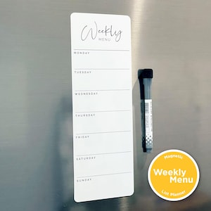 May include: White magnetic weekly menu planner with a black marker and a yellow circle with the text "Magnetic Weekly Menu List Planner".