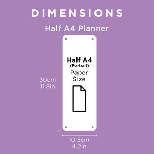 May include: A white sheet of paper with the text "Half A4 (Portrait) Paper Size" and a black icon of a sheet of paper. The paper is 11.8 inches tall and 4.2 inches wide.