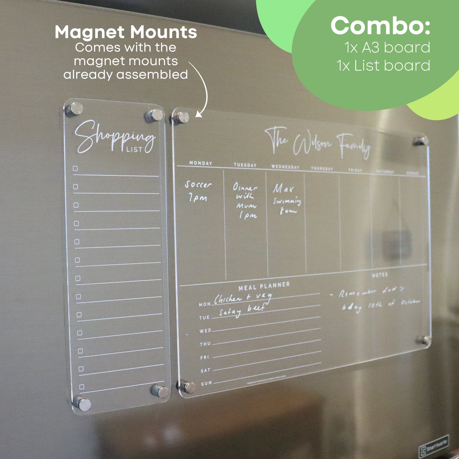 Weekly MEAL Magnetic Fridge Acrylic Planner A3 - WHITE UV Print - Clear Acrylic Whiteboard Meal Planner - Family Organiser - Shopping List - A3 + List Combo, Font 1: All Cursive