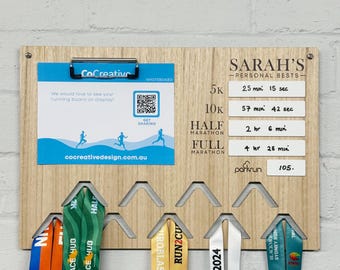 Personalised Running Personal Bests, Medal & Bib Display Board | Classic Whiteboard Design