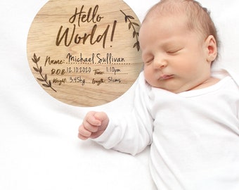 Baby announcement Hello World | Hopsital Baby Milestone Cards | lasercut timber | Wooden Milestones | Baby Shower Gift | Newborn Name Plaque