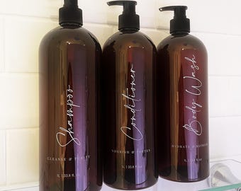 3 Piece 1 LITRE AMBER Bathroom Bottle Set DESIGN 3 - Shampoo, Conditioner & Body Wash - Custom 1L Pump Bottles - Personalised Pump Bottles