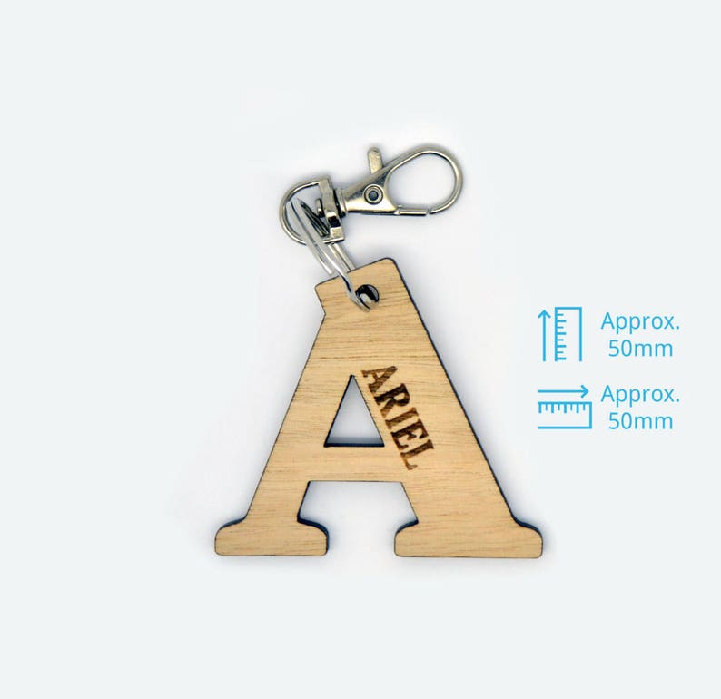 Personalised wooden kids name tags. Laser cut bag tag/ key ring for kids, daycare, preschool, nursery school bag. Custom alphabet key ring image 5