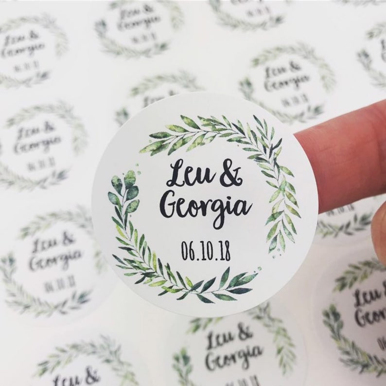 Customised round stickers for favors Personalised wedding stickers, wedding stickers, stickers, candle favors, wreath leaf stickers image 1